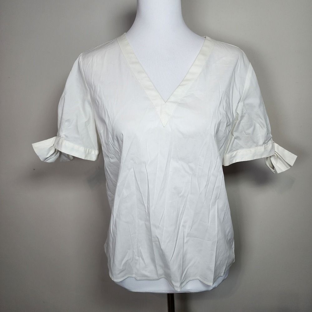 Tiffi V-Neck Blouse Womens XS White Bow Sleeve Cotton Minimalist Fairy Ethereal